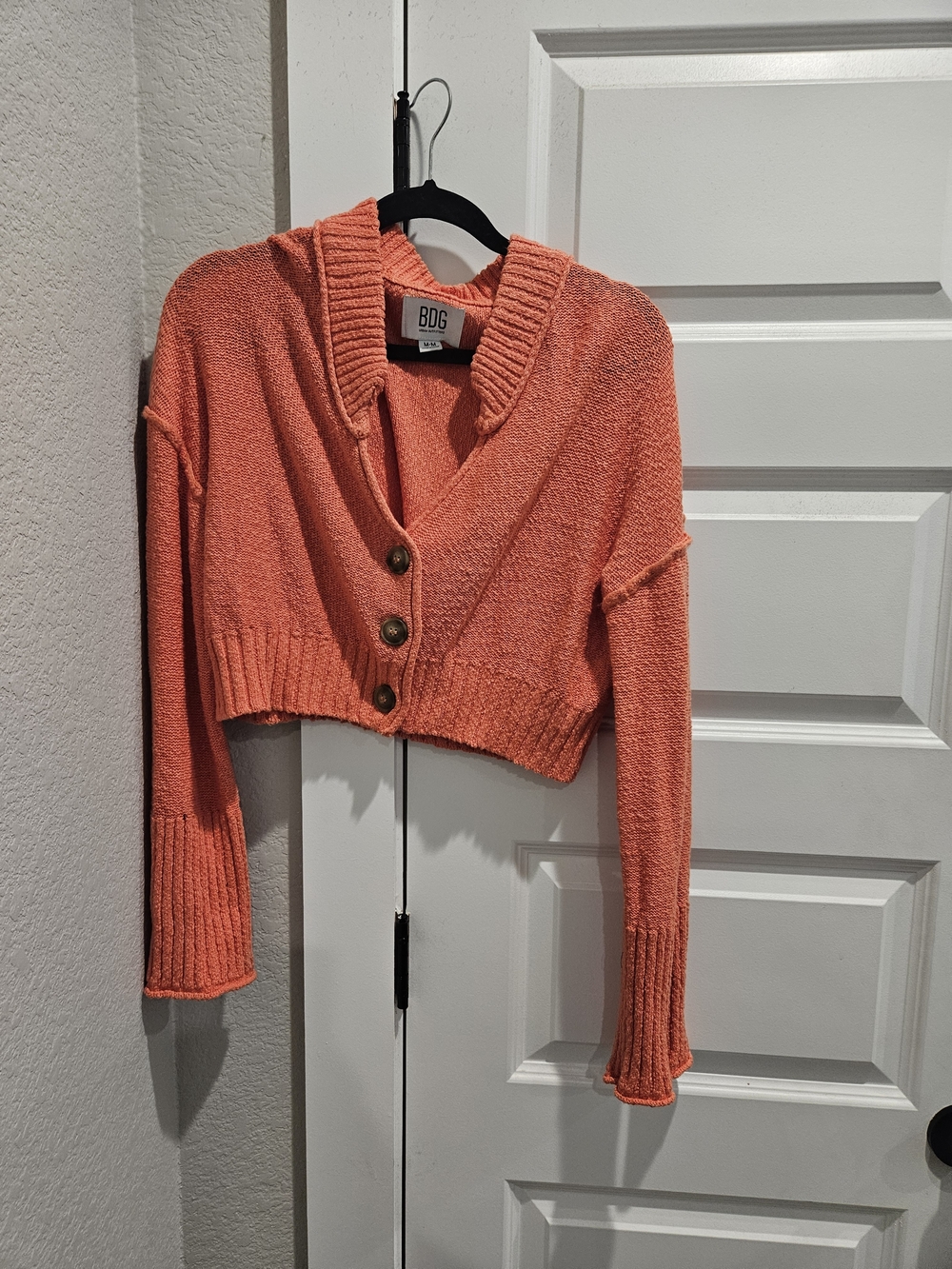BDG Cropped Button-Front Cardigan in Coral
